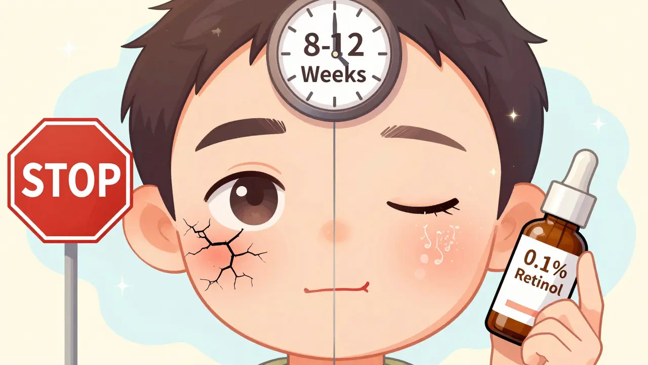 Сравнение раздраженной и восстановленной кожи вокруг глаз с указанием времени эффекта.