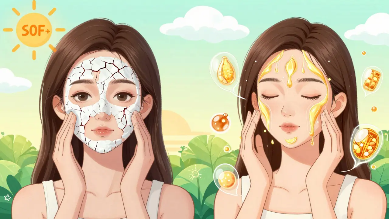 Сравнение: слева — раздражённая кожа от агрессивного ухода, справа — восстановление с гиалуроновой кислотой и пептидами.