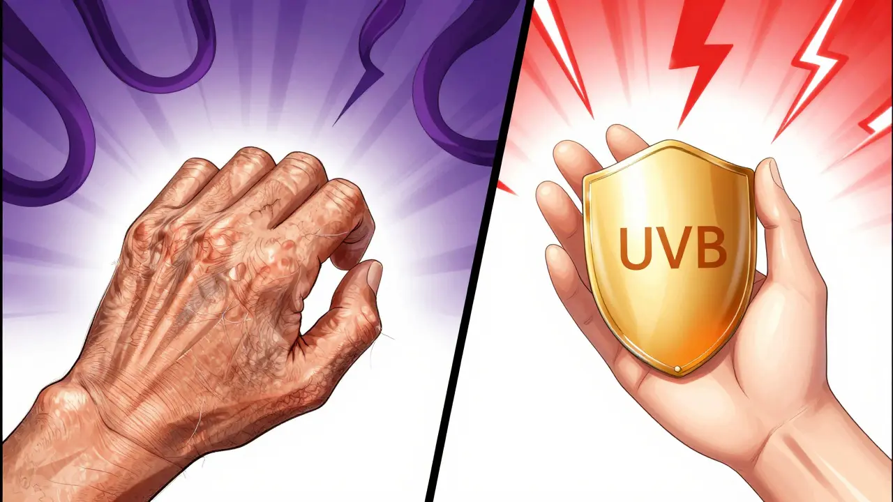 Сравнение старой и молодой кожи: поврежденные волокна против защитного щита от солнца.