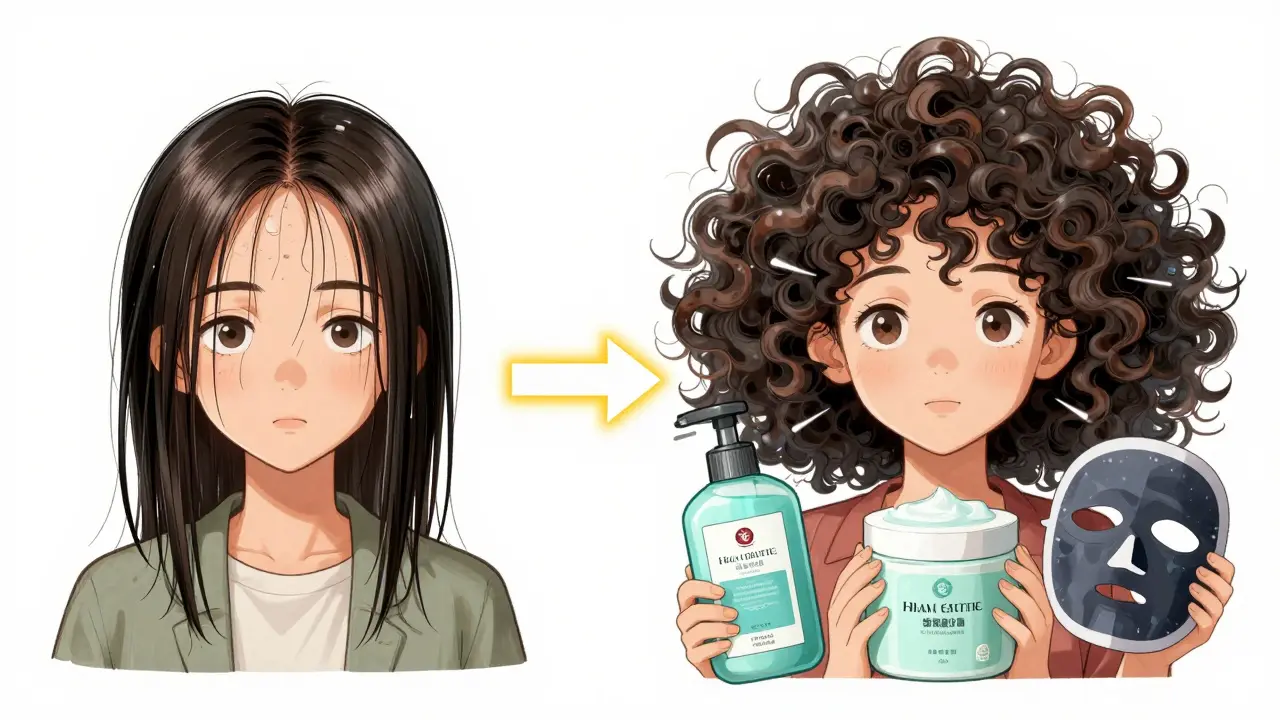 Сравнение тонких и курчавых волос под воздействием разных уходовых средств в ярком маньхуа-стиле.