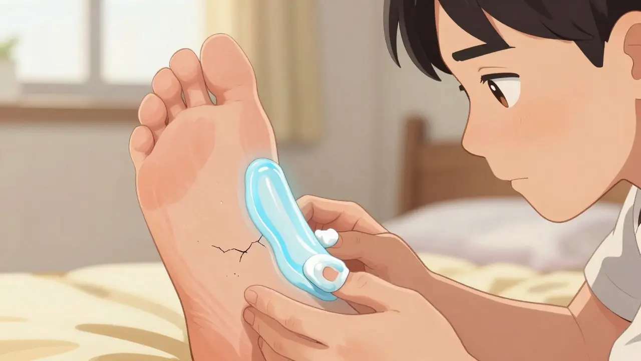 Стопа пациента с диабетом лечится кремом с мочевиной, видно заживление трещин