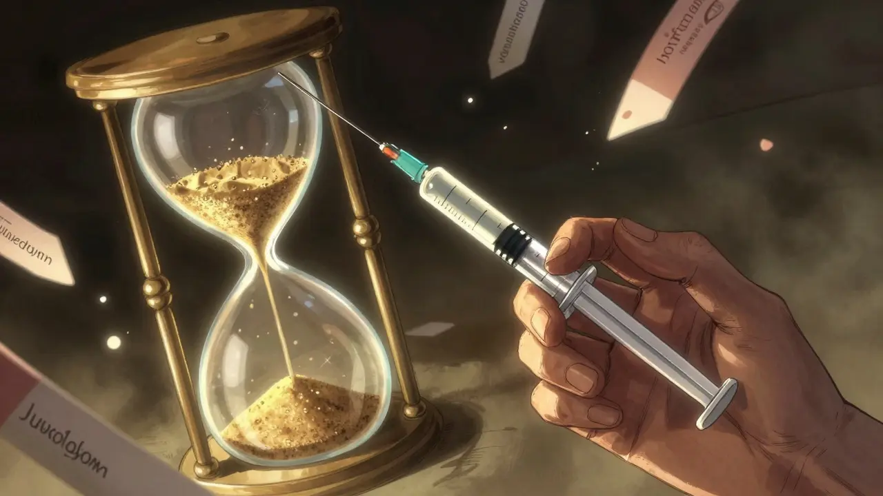 Сyringe с гиалуронидазой рядом с песочными часами, где молекулы филлера превращаются в пар.
