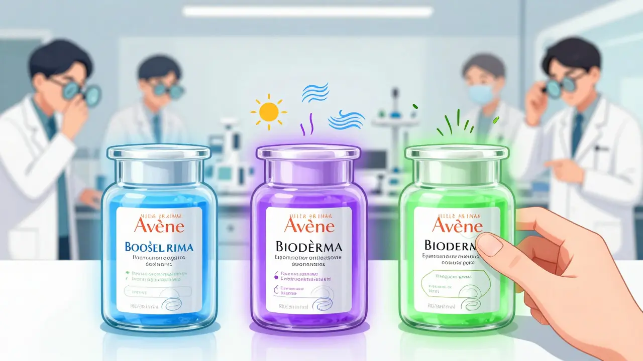 Три бутылочки с масками, из которых исходят разные цветовые ауры, символизирующие их эффекты для чувствительной кожи.