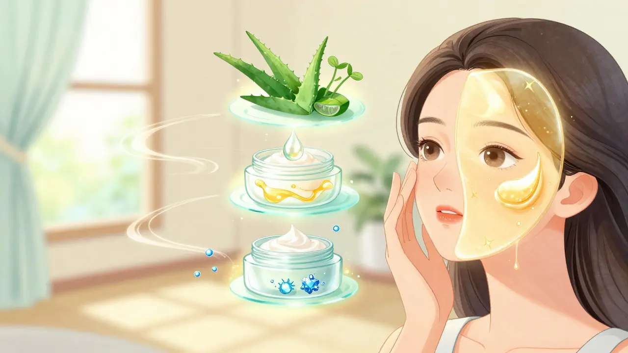 Три слоя ухода за кожей: сыворотка, крем и SPF, с натуральными ингредиентами в воздухе.