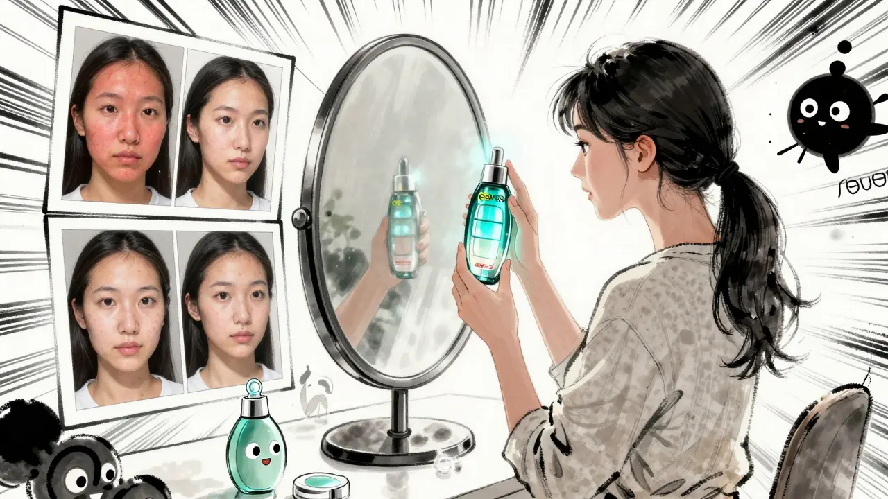 Женщина использует двухфазное средство перед зеркалом, вокруг неё — стилизованные логотипы брендов и визуальные эффекты очищения.