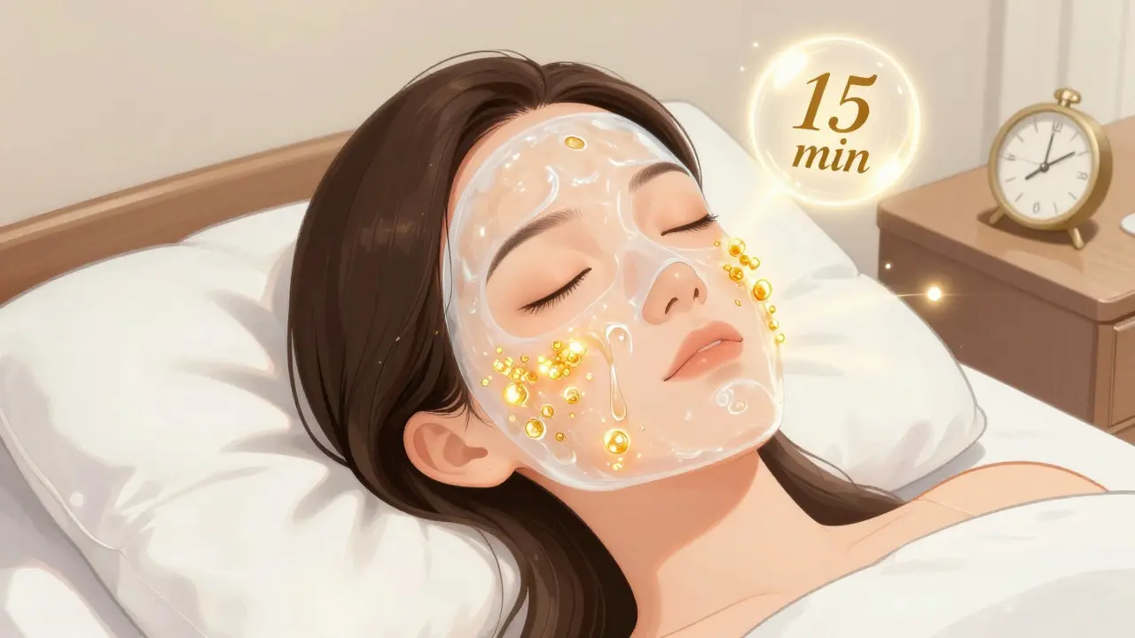 Женщина лежит с альгинатной маской на лице, вокруг неё светятся активные компоненты ухода.