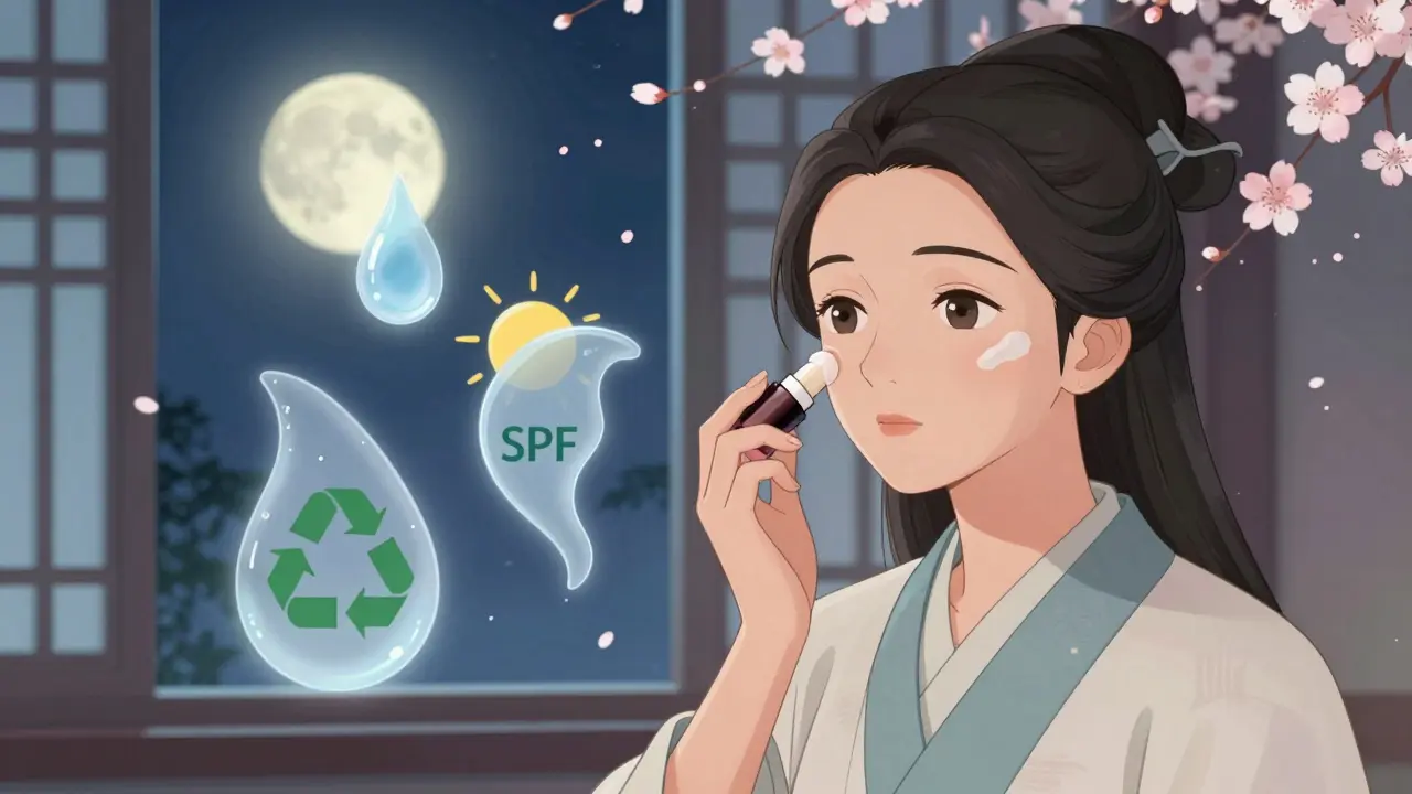 Женщина наносит консилер вечером, вокруг неё возникают символы увлажнения, SPF и экологичной упаковки.