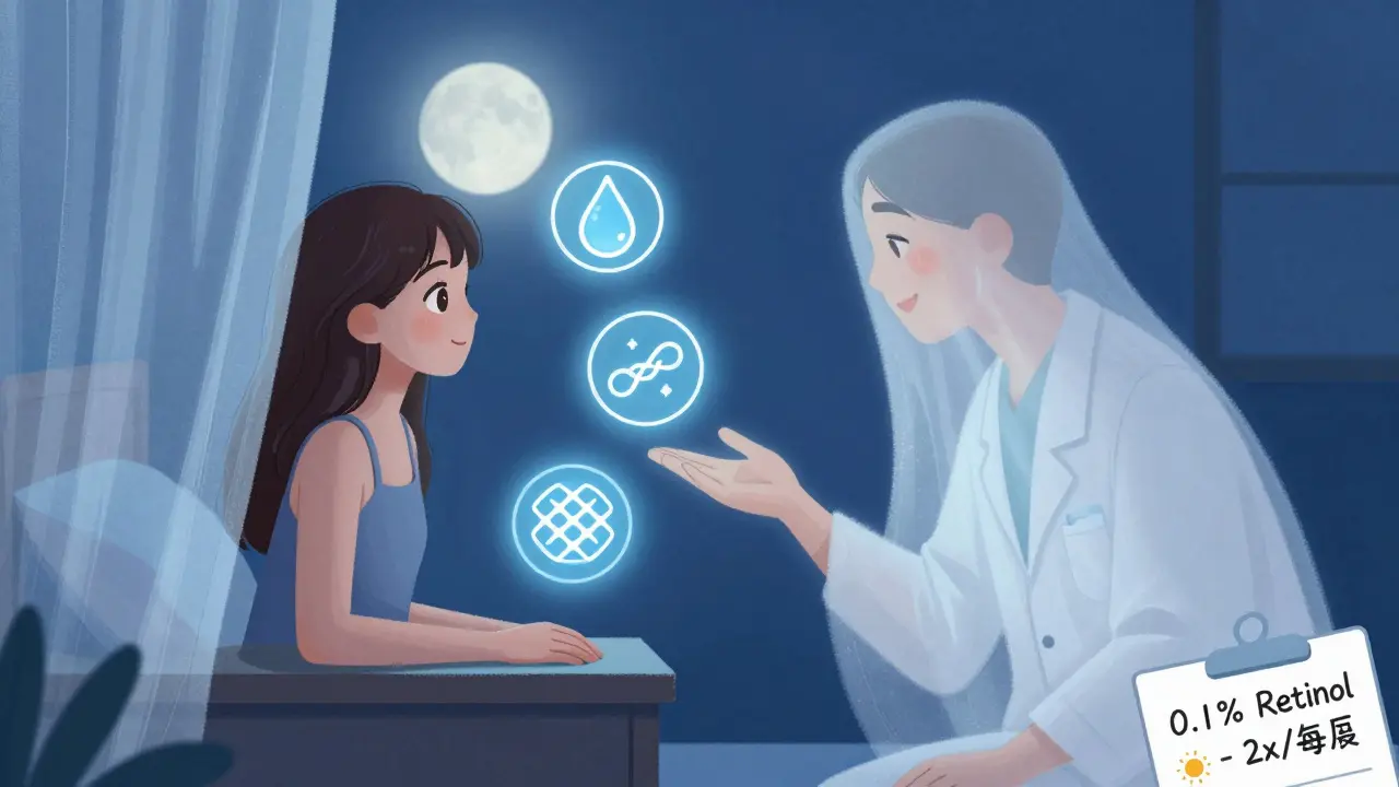 Женщина наносит ночное средство, рядом с ней — тень её молодой версии, над ней светятся молекулы ухода за кожей.