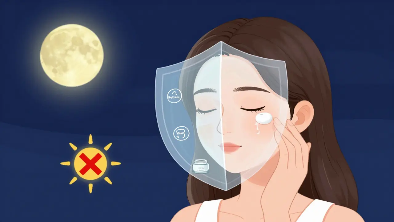Женщина наносит ретиноид на кожу вокруг глаз ночью, слои ухода визуализированы как щиты.