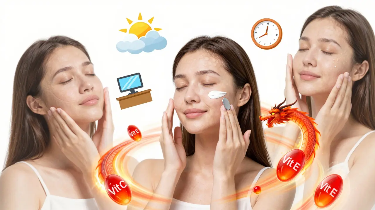 Женщина наносит солнцезащитный крем, вокруг нее — символы защиты от солнца и антиоксиданты.