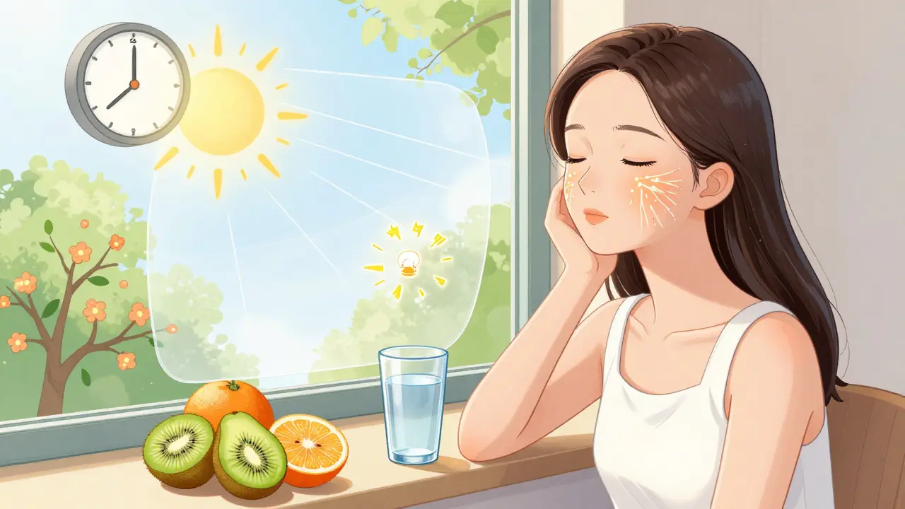 Женщина пьет воду и ест фрукты у окна, кожа светится, SPF защищает от солнечных лучей.