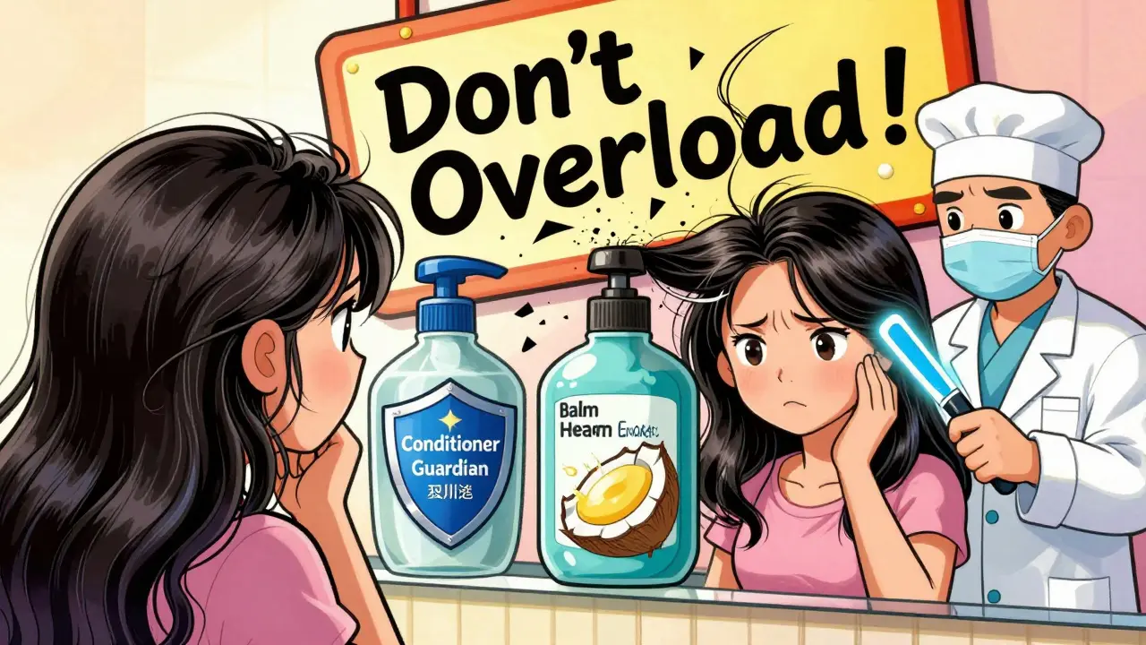 Женщина с распущенными волосами, окруженная героями-средствами для ухода, предупреждающими о перегрузке.