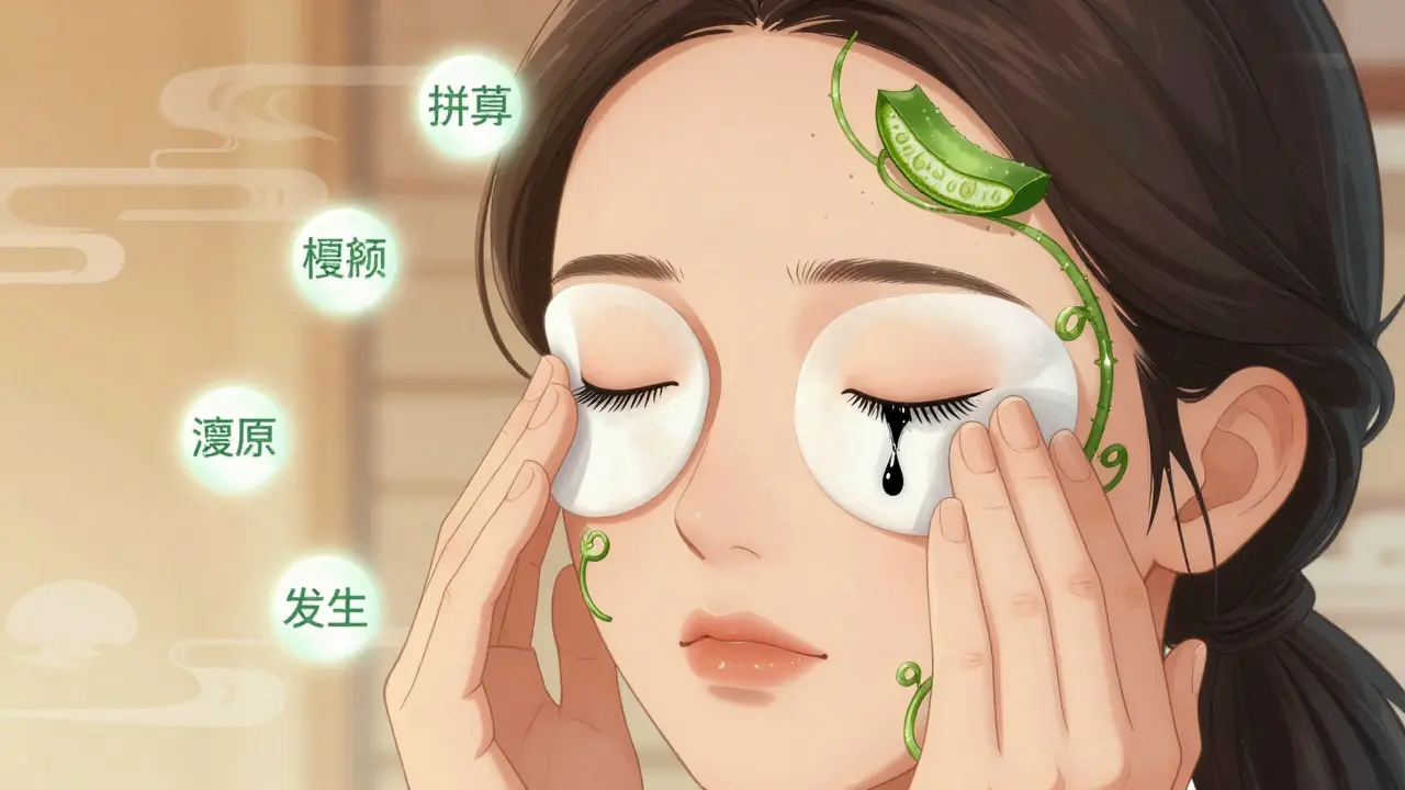 Женщина с закрытыми глазами, на веки которой накладывается ватный диск — тушь мягко исчезает, а ухаживающие компоненты обволакивают кожу.