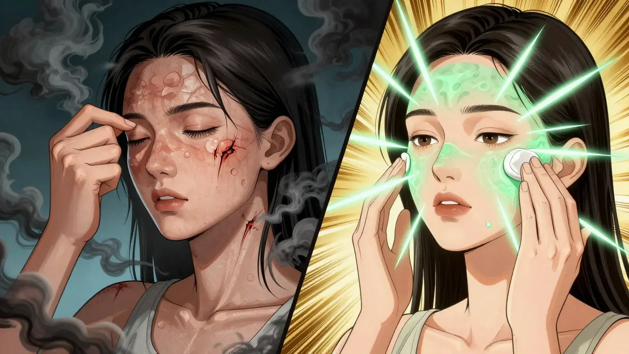 Женщина справа наносит средство от прыщей с зелёными лучами исцеления, слева — выдавливает прыщ с чёрным дымом и рубцами.