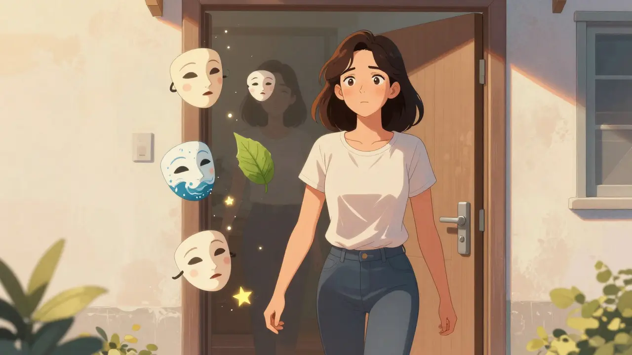 Женщина выходит из дома с сияющей кожей, за ней исчезает её уставшая версия.