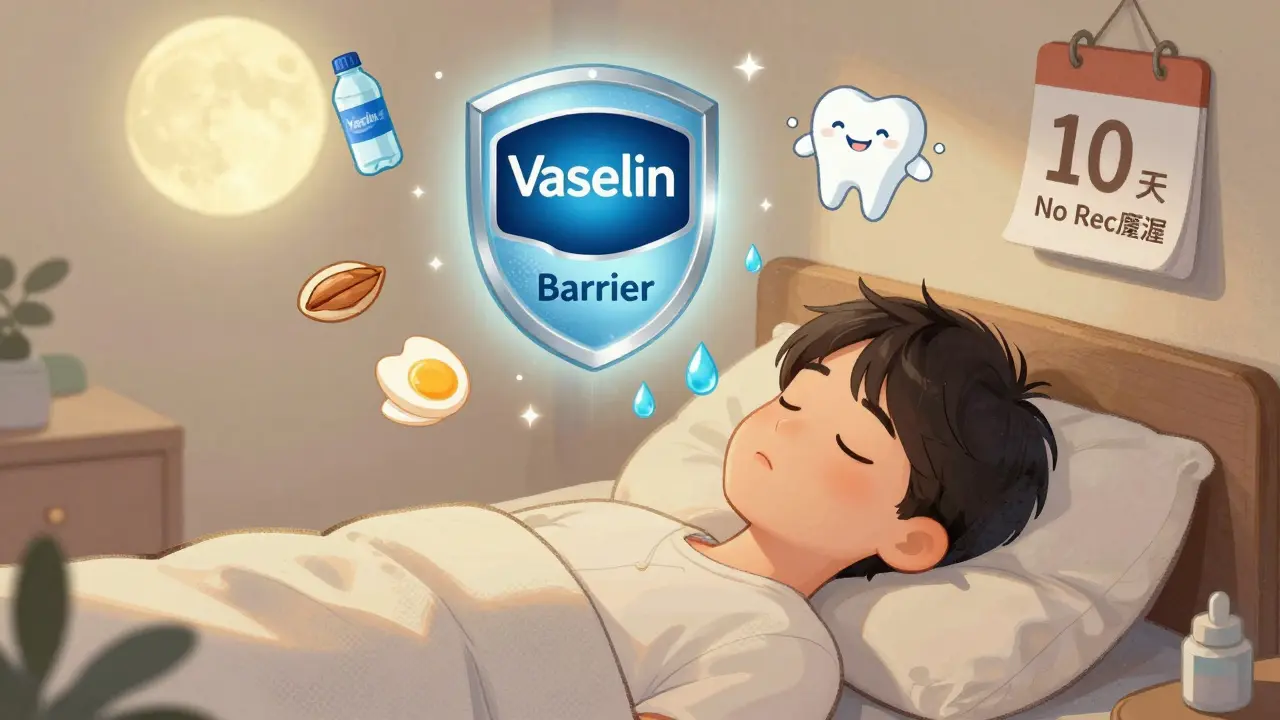 Человек спит с защитным барьером на губах, вокруг — вода, орехи, яйца и улыбающийся стоматолог.