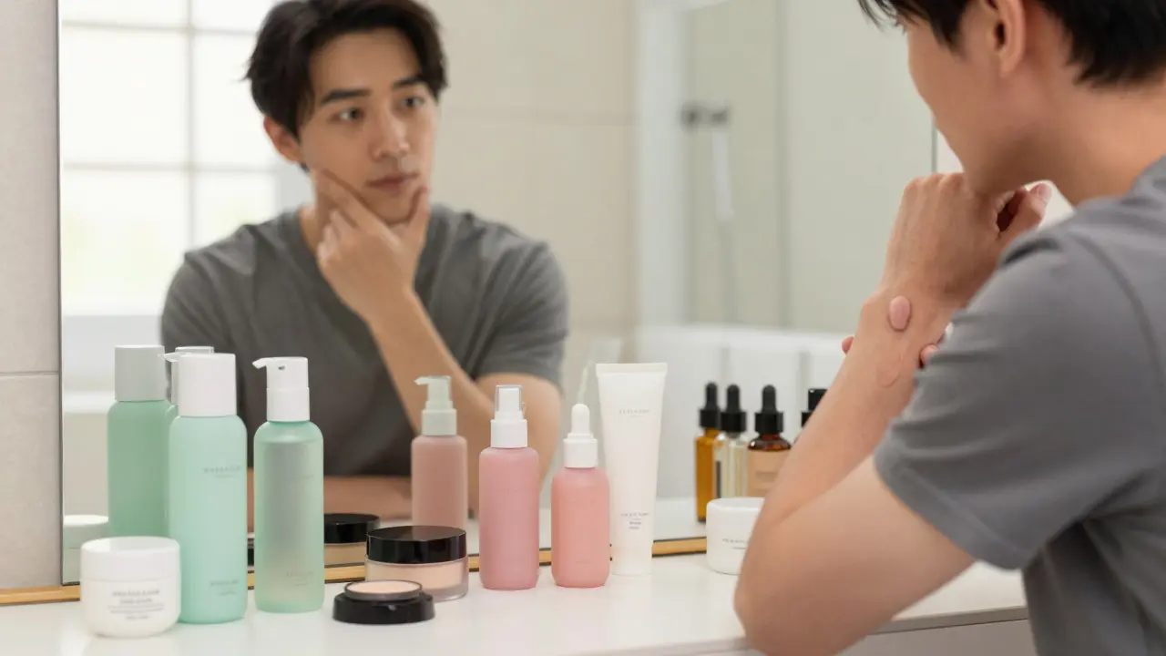 Человек тестирует крем на руке у туалетного столика