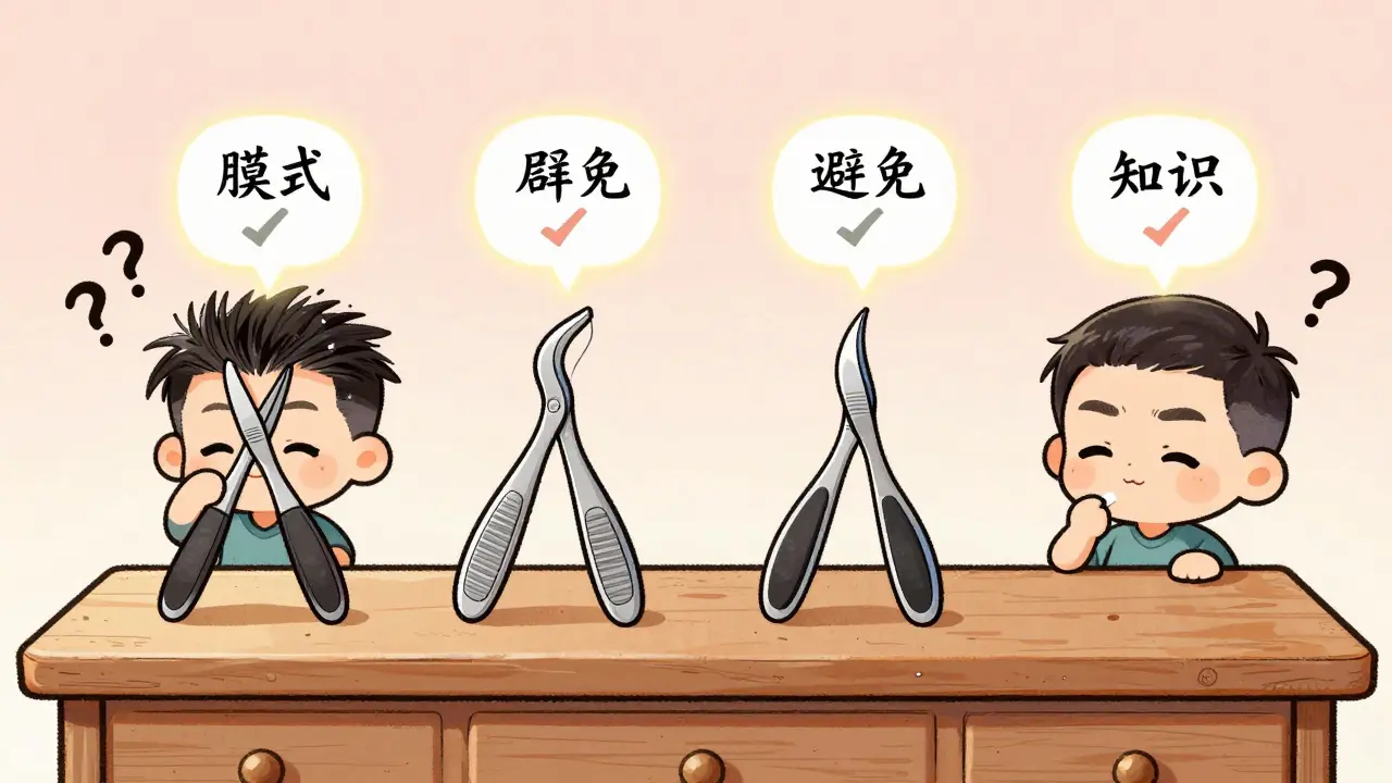 Четыре типа пинцетов для бровей, каждый с миниатюрным персонажем, использующим его в действии.