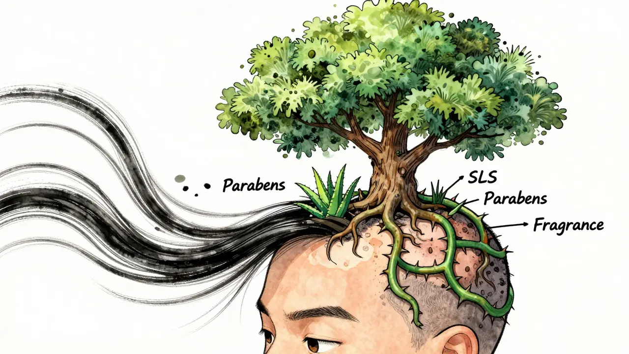 Дерево растет из кожи головы, корни из натуральных ингредиентов, а токсичные лозы удушены ветром.