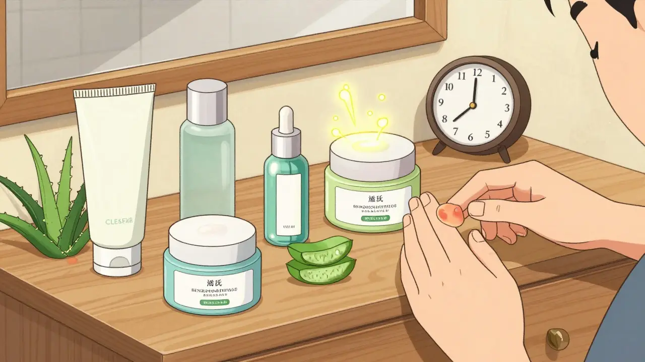 Этапы ухода за кожей с акне: очищение, тоник, лечение, увлажнение.