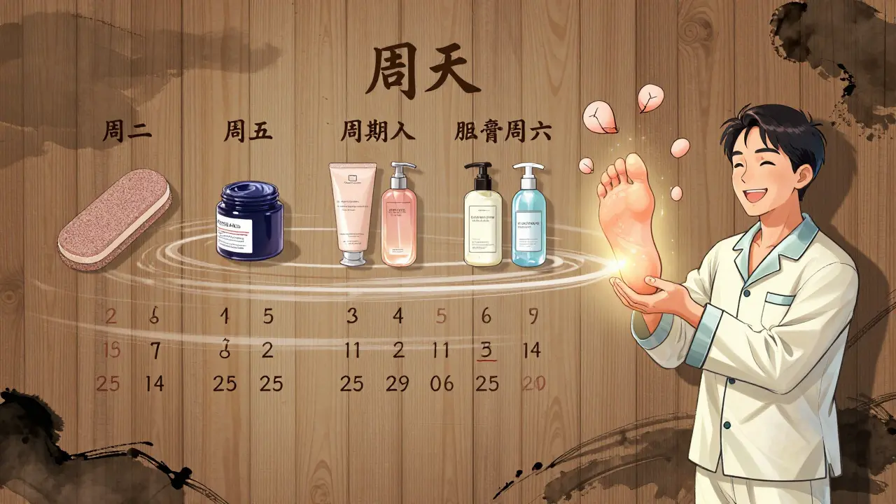 Еженедельный график ухода за стопами: пемза, маска и крем, кожа стала гладкой.