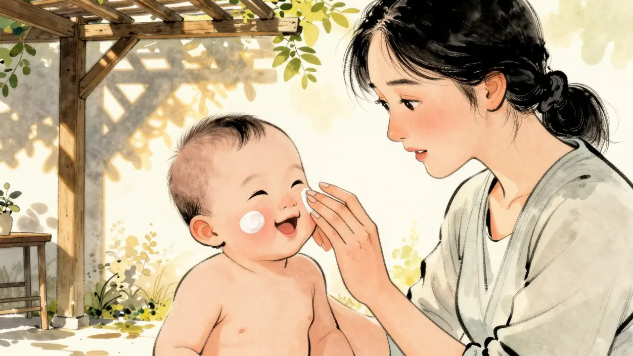 Мама намазывает лицо малыша солнцезащитным средством.