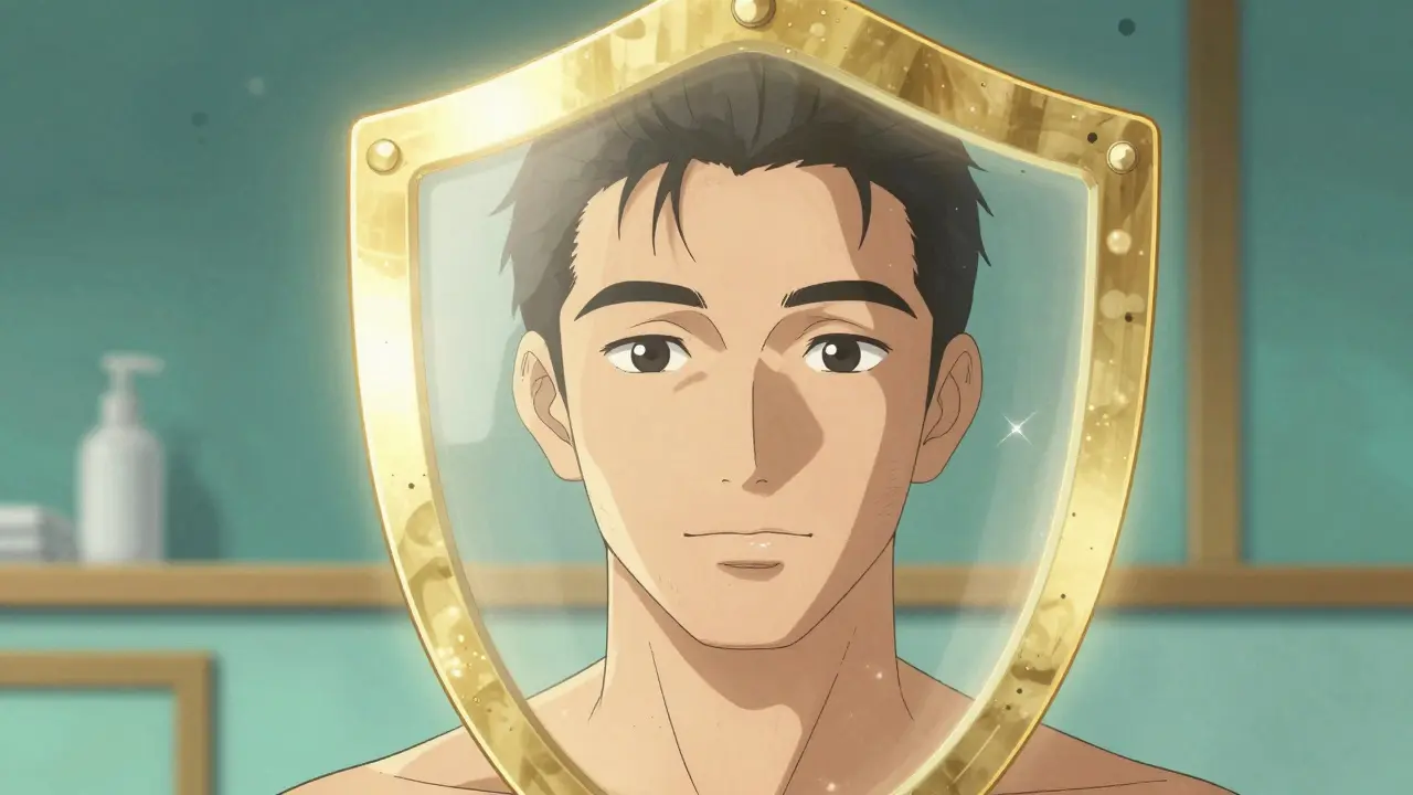 Маньхуа иллюстрация: здоровая кожа защищена золотым барьером от городской пыли и загрязнений.