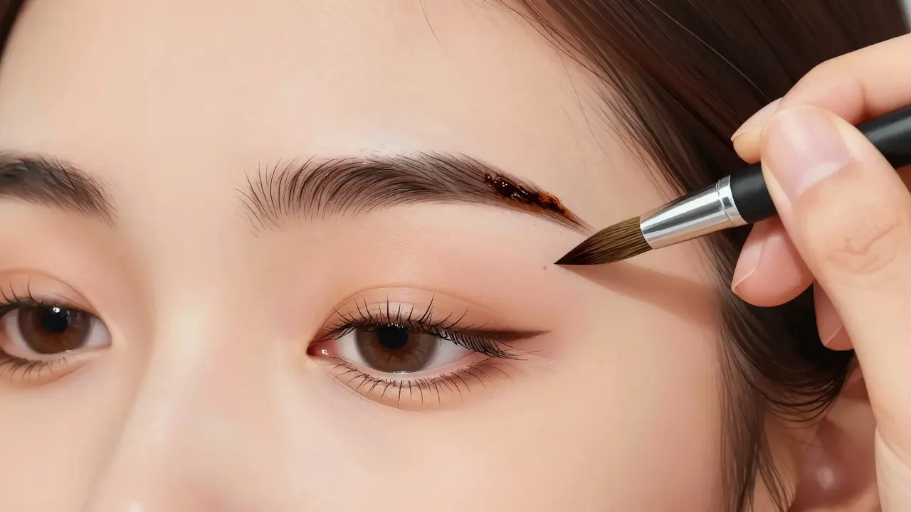 Мастер наносит пасту хны на форму бровей тонкой кистью