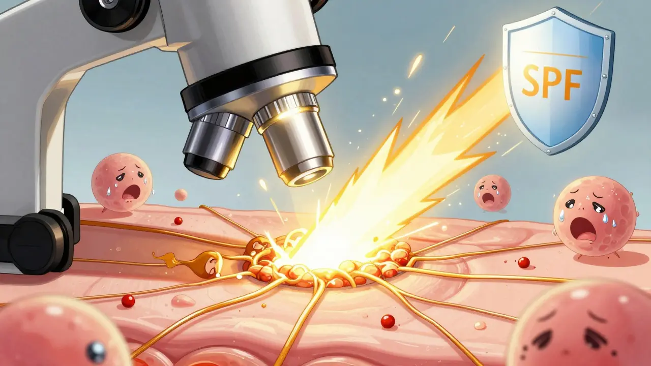 Микроскопический вид кожи: золотые нити гиалуроновой кислоты разрушаются под ультрафиолетовыми лучами.