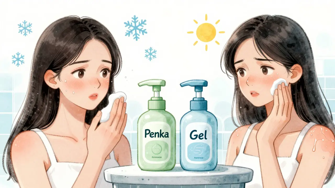 На прилавке две бутылочки: пенка для зимы и гель для лета, с сезонными символами вокруг.