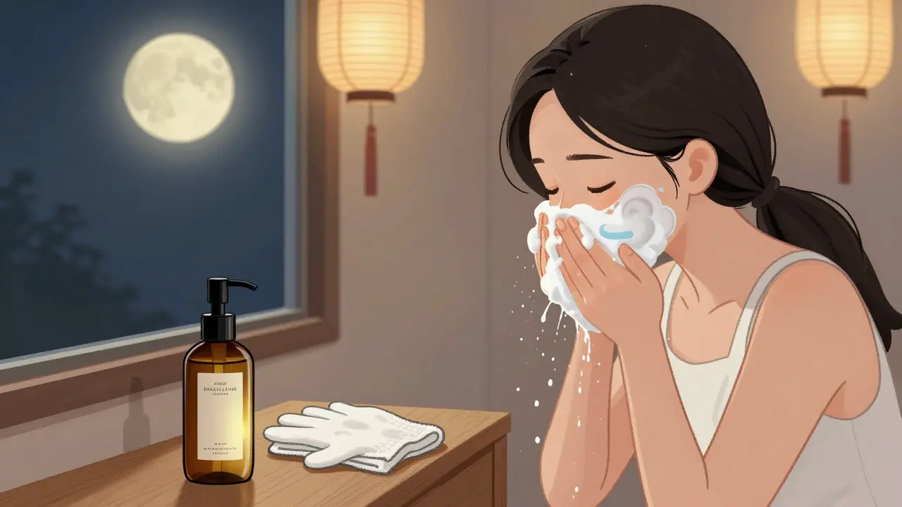 Ночной ритуал ухода за лицом: очищение, пенка и мягкий свет луны.