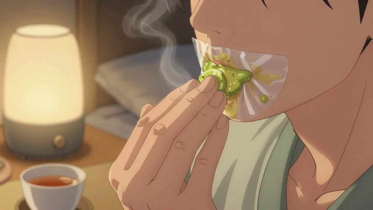 Ночной уход за губами: бальзам с пленкой и увлажнителем на фоне тёплого света.