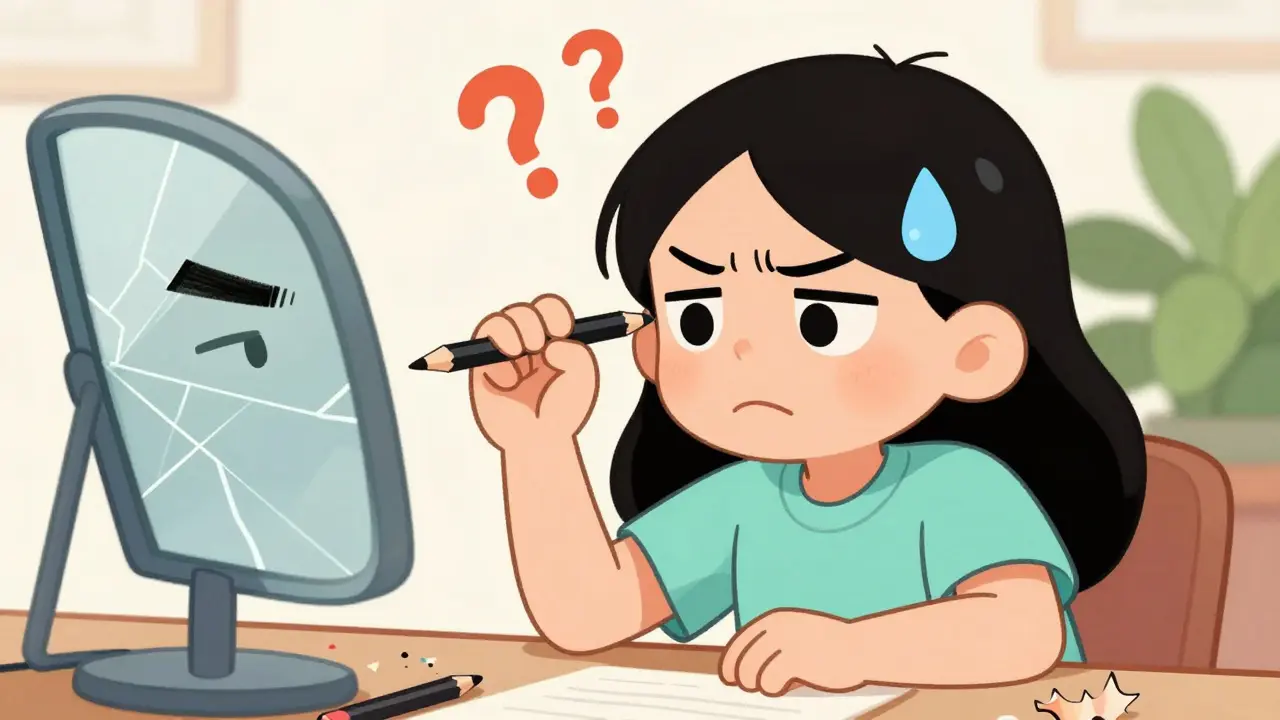 Новичок с неровными бровями, нарисованными карандашом, в состоянии разочарования.