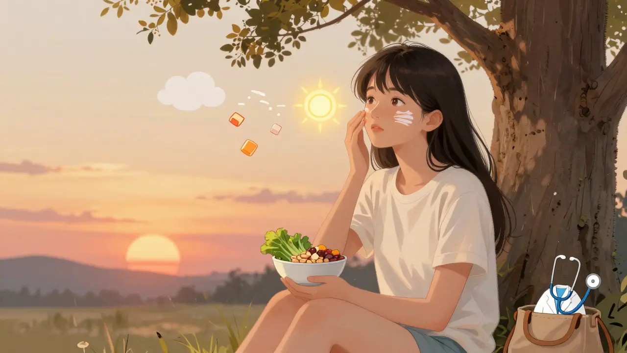 Подросток наносит солнцезащитный крем и ест полезные продукты на свежем воздухе.