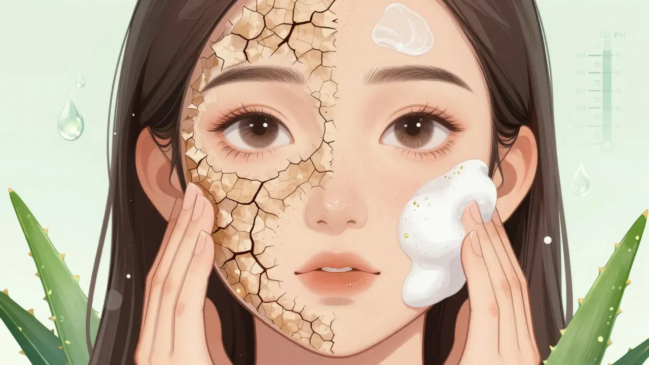 Разделённое изображение кожи: одна сторона сухая и раздражённая от геля, другая — увлажнённая от пенки с ферментами.