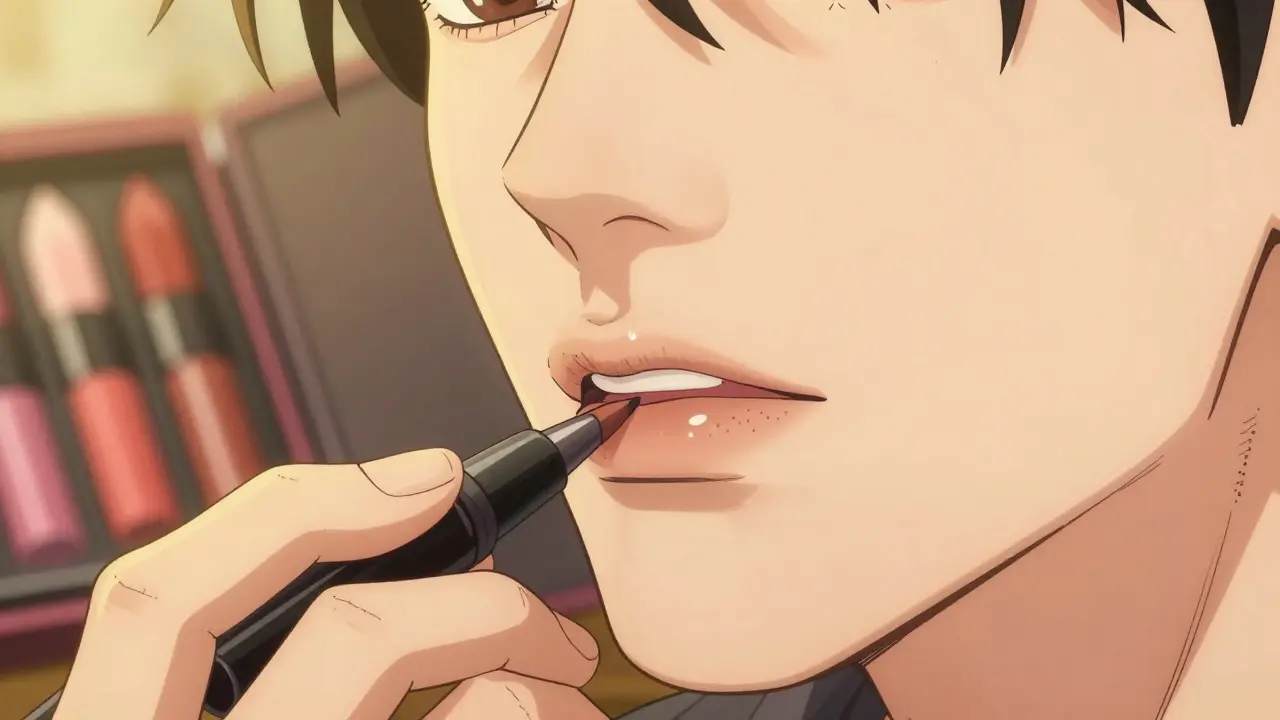 Руки наносят карандаш для губ точно по контуру, создавая идеальную форму.