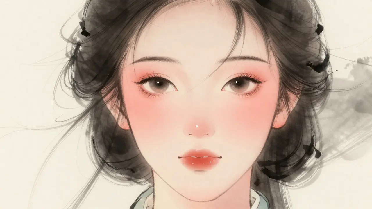 Румяна мягко растушеваны вдоль скул к вискам, создавая эффект подтяжки.