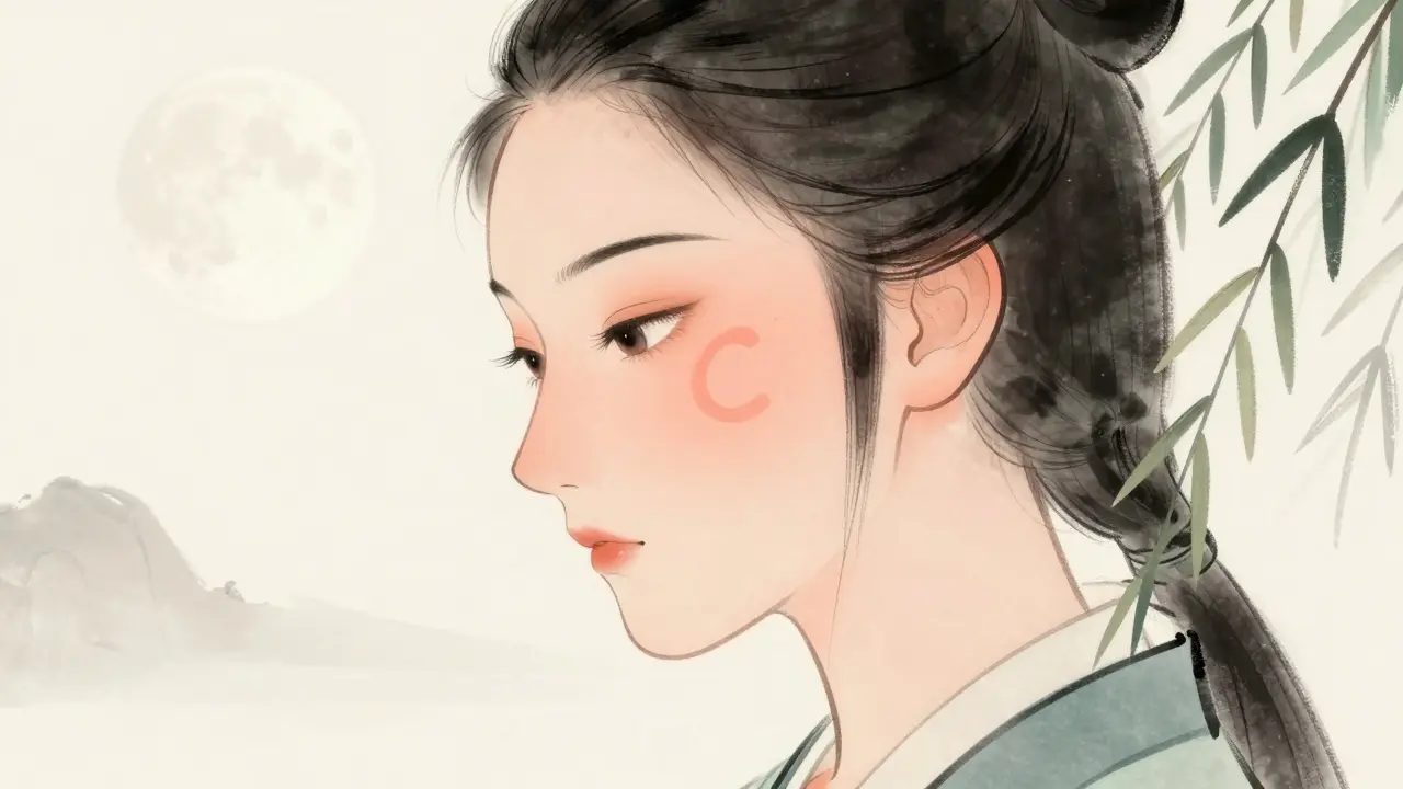 Румяна нанесены по форме 'C' от виска к щеке, подчеркивая контур лица.