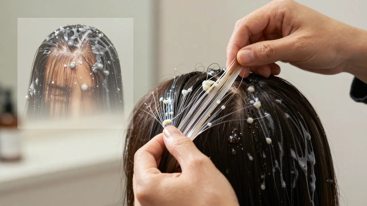 Специалист наносит маску, видны активные компоненты, проникающие в волосы, и слой силикона на коже головы.