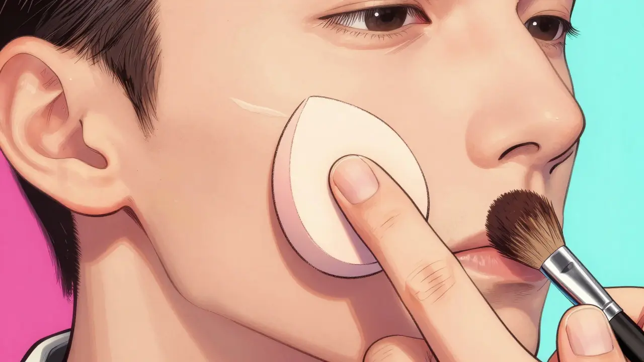 Спонж для макияжа наносит тон на лицо девушки аккуратно.