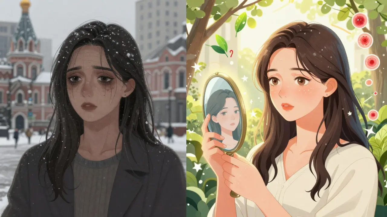 Сравнение до и после плазмотерапии: уставшая кожа зимой и сияющая кожа весной.