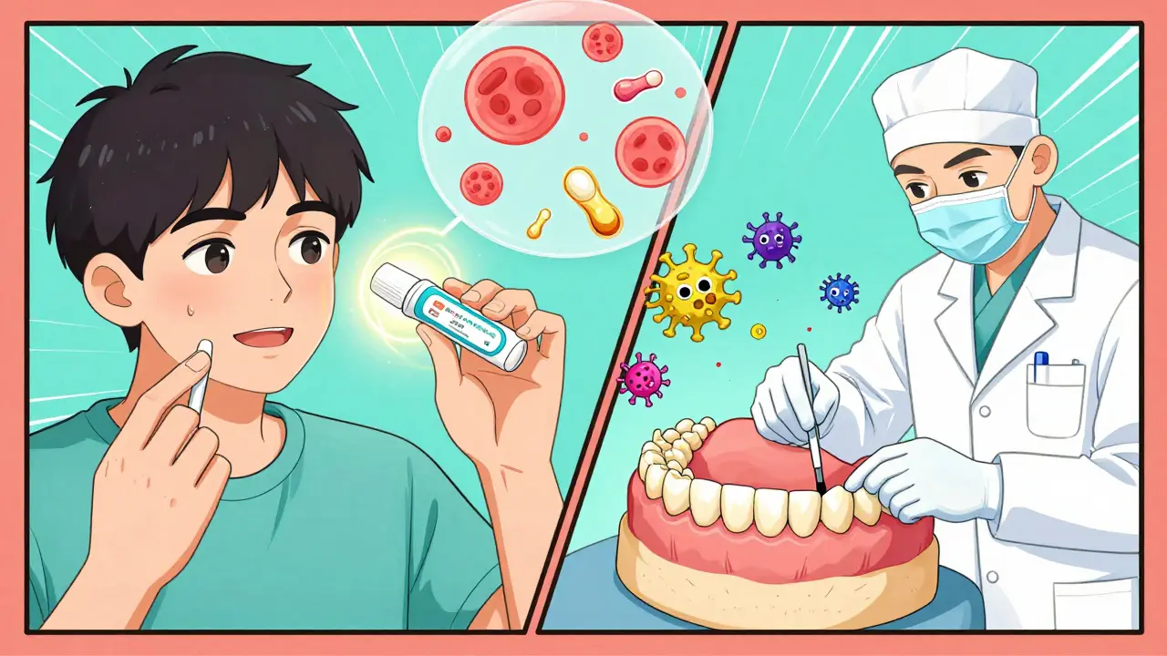 Сравнение лечения: мазь против грибка и стоматолог, настраивающий протез, с исчезающими бактериями.