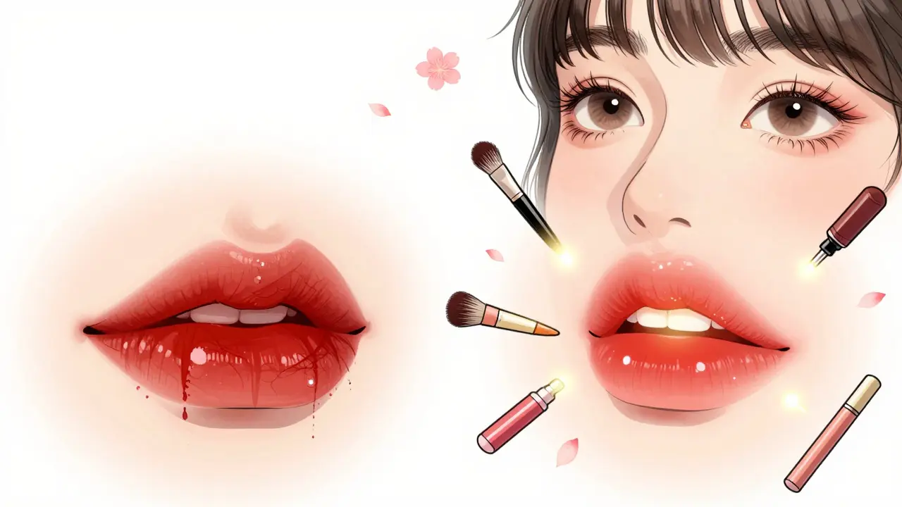 Сравнение неровного и идеального макияжа губ с эффектом омбре и блеском.