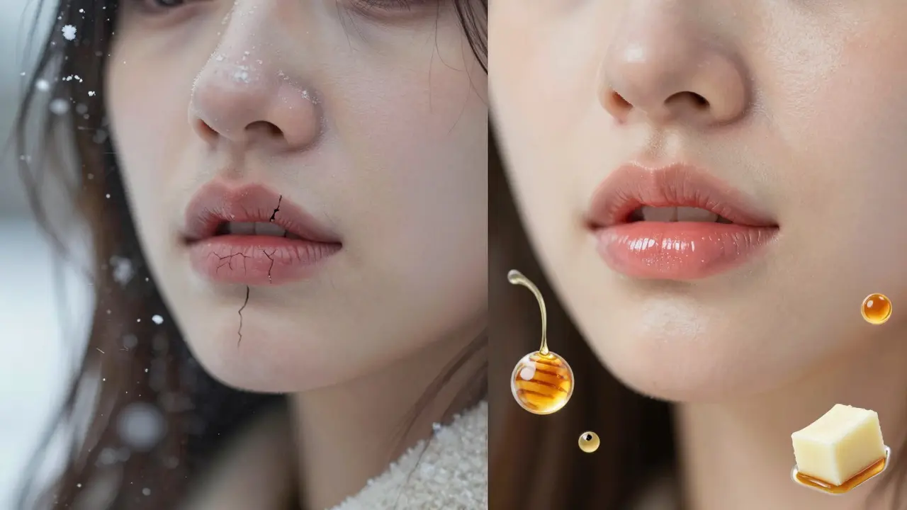 Сравнение сухих и увлажнённых губ с волшебными ингредиентами, плавающими вокруг.