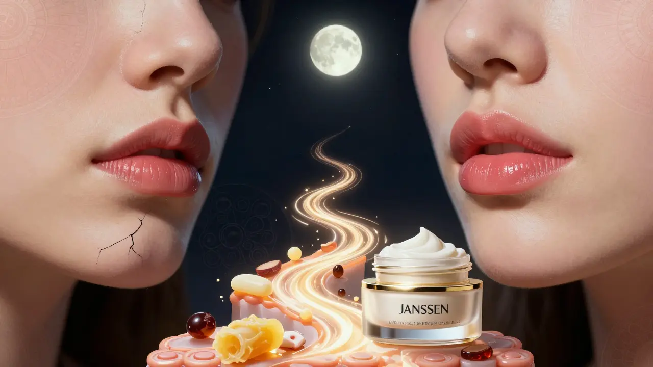 Сравнение сухих и восстановленных губ: слева — треснутые, справа — гладкие, между ними путь ингредиентов.