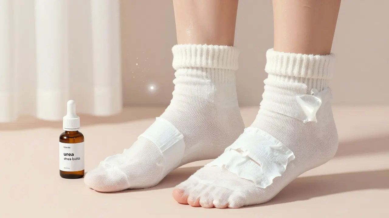 Стопы в хлопковых носках после нанесения ночной маски, кожа мягкая и увлажнённая.