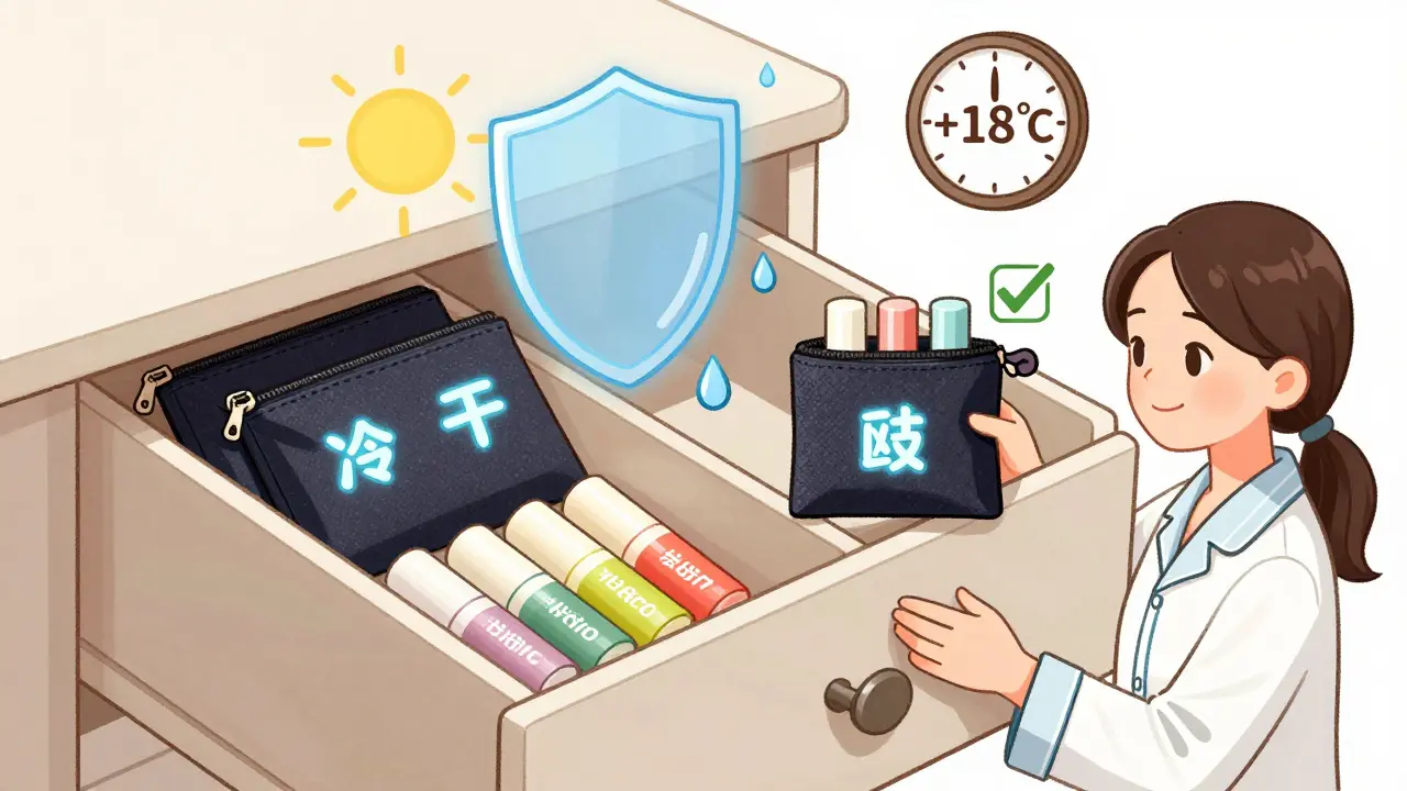 Темная косметичка с бальзамами в защищенном от света и влаги чехле, с температурой +18°C и защитным щитом.