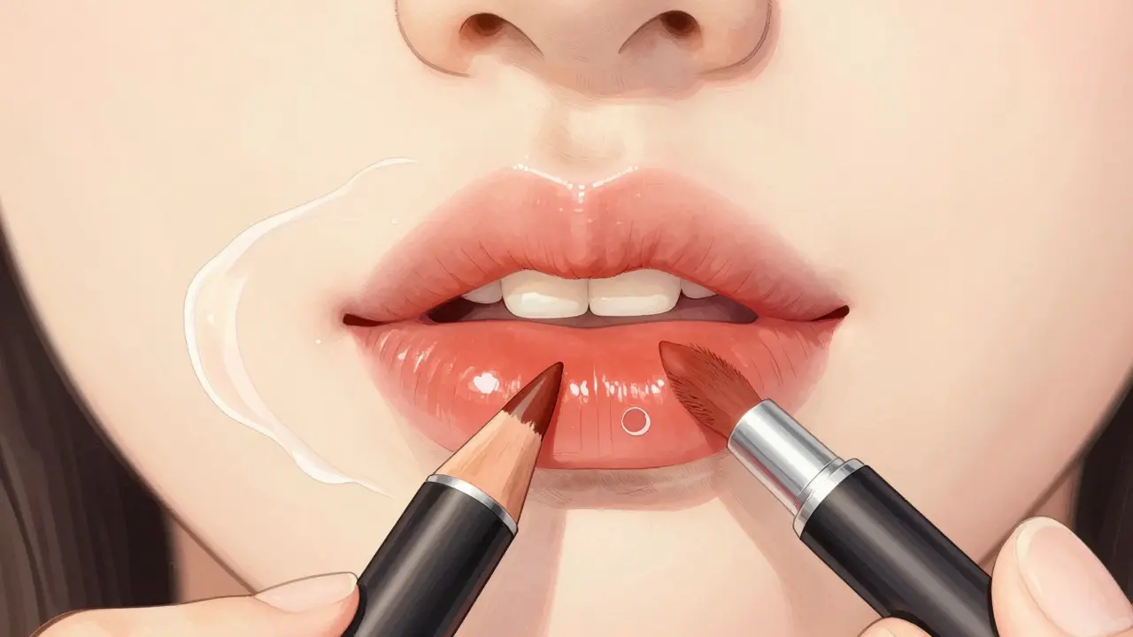 Тонкая линия карандаша подчеркивает контур губ, центр губ блестит от легкого глянца.