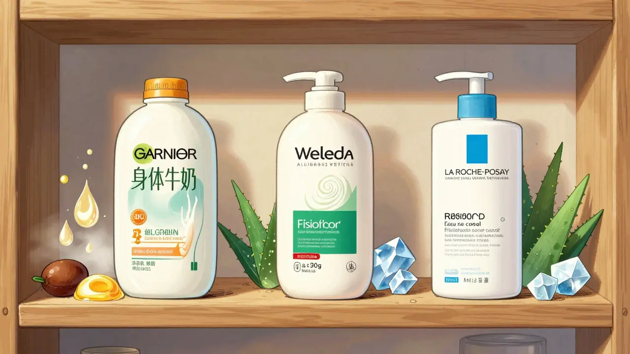 Три бутылочки молочка для тела с символами их ключевых ингредиентов на полке.