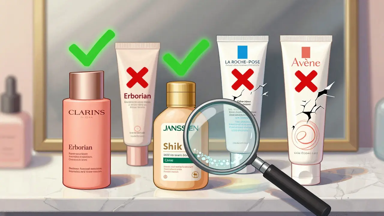 Три профессиональных тональных крема с зелёными галочками рядом с разбитыми баночками кремов с SPF.